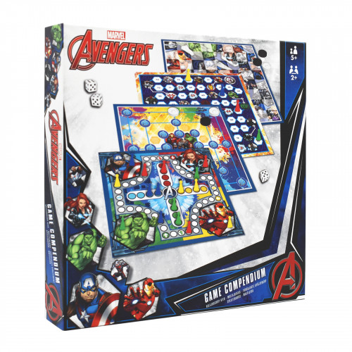 Set 25 jocuri de societate, Game Compedium - Marvel Avengers, 4 planse dimensiuni 26 x 26 cm, 16 pioni, 24 jetoane, 5 zaruri